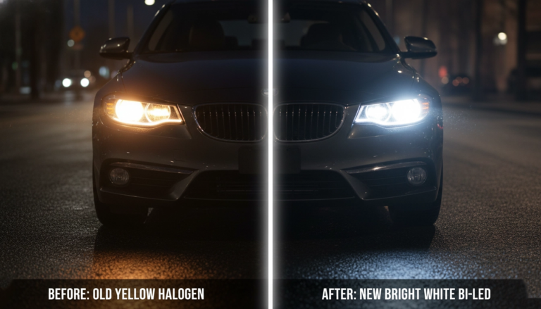 A-dramatic-before-and-after-photo-showing-a-cars-old-yellow-halogen-light-vs-a-new-bright-white-aftermarket-Bi-LED-light